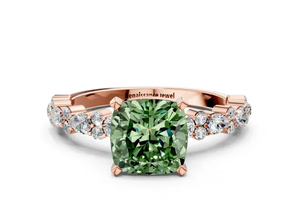 Fancy Green Cushion Cut Diamond Side Stone Solitaire Ring with Round and Four-Prong Setting Rose gold