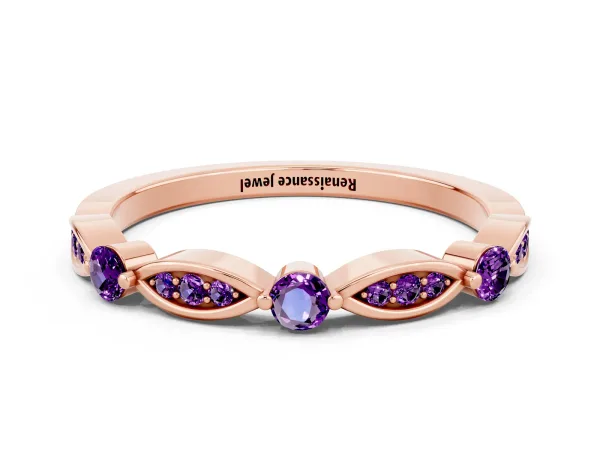 Marquise and Round Amethyst Milgrain Band with Bezel Setting Rose gold
