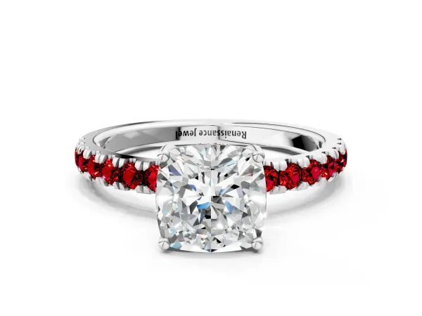 Cushion Cut Diamond Pave Band Solitaire Ring with Round Ruby and Prong Setting Platinum