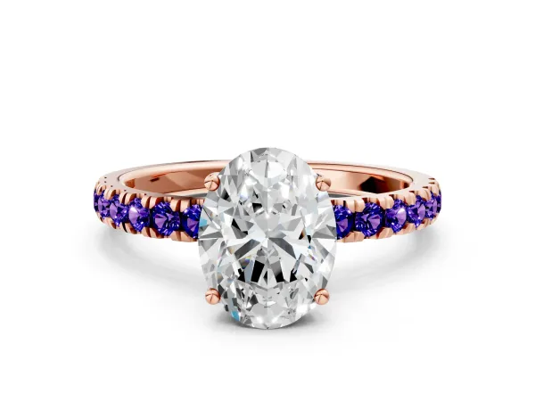 Oval Cut Diamond Pave Band Solitaire Ring with Round Tanzanite and Prong Setting Rose gold