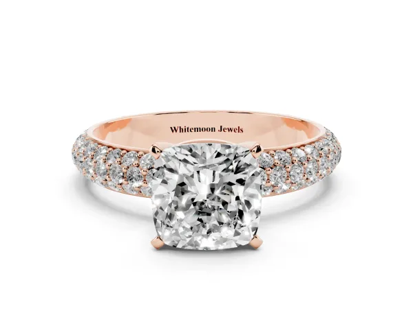 Cushion Cut Diamond Solitaire Ring with Prong Setting and Pavé Band Rose gold