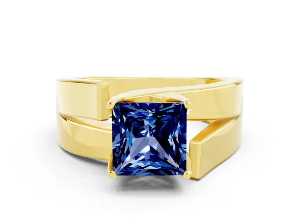Modern Tension Set Princess Cut Blue Sapphire Solitaire Wide Band Ring Yellow gold
