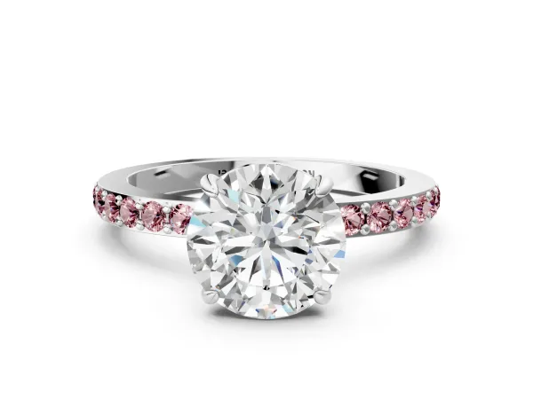 Round Cut Diamond Pavé Engagement Ring with Round Morganite Accents and Prong Setting Silver