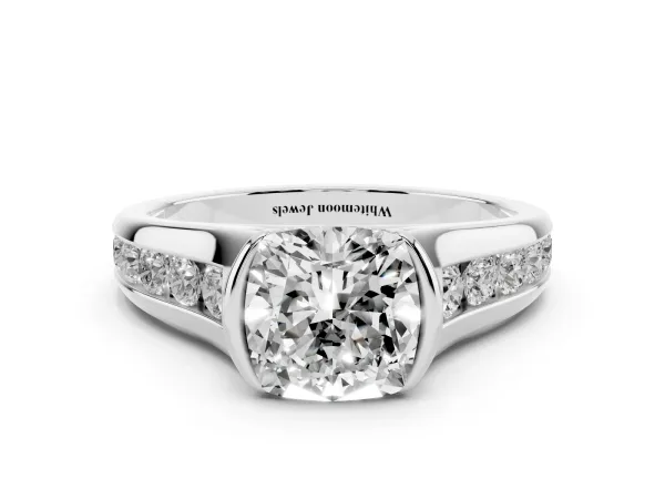 Cushion Cut Solitaire Bezel-Set Diamond Ring with Channel-Set Band Platinum
