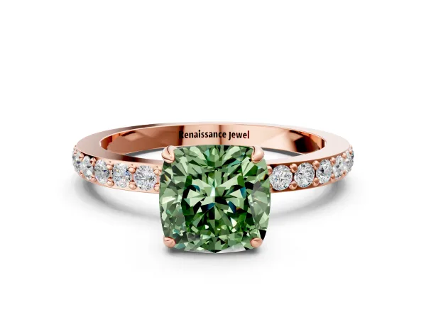 Fancy Green Cushion Cut Diamond Solitaire Engagement Ring with Pavé Band and Four-Prong Setting Rose gold