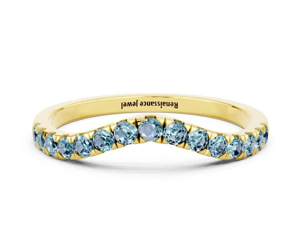 Curved Pavé Round Aquamarine Wedding Band with Shared Prong Setting Yellow gold