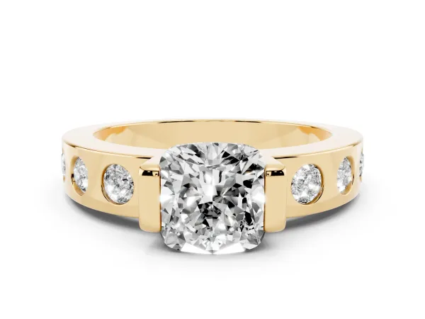 Cushion Cut Brilliant Channel-Set Diamond Ring with Bezel Prong Setting Yellow gold