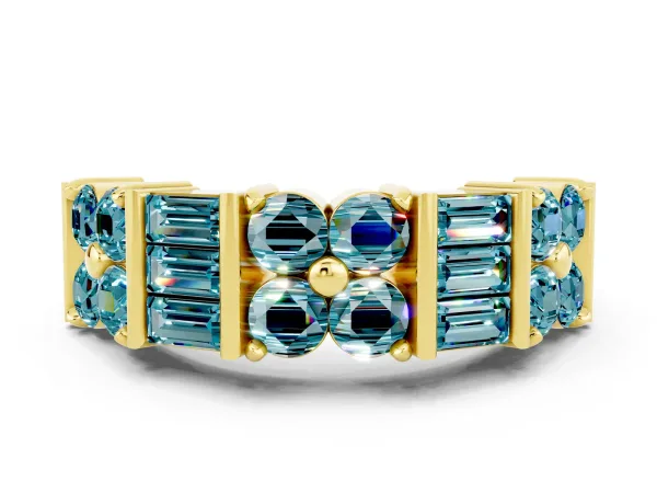 Channel Set Round and Baguette Blue Topaz Anniversary Band with Prong Setting Yellow gold