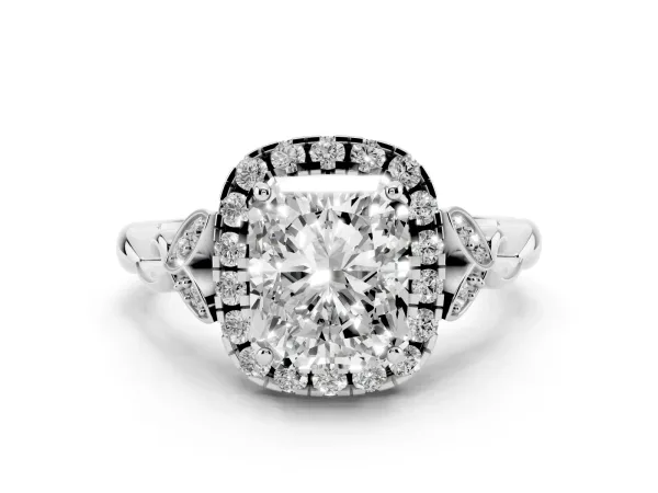 Radiant Cut Halo Diamond Engagement Ring with Vintage-Inspired Band and Four-Prong Setting White gold