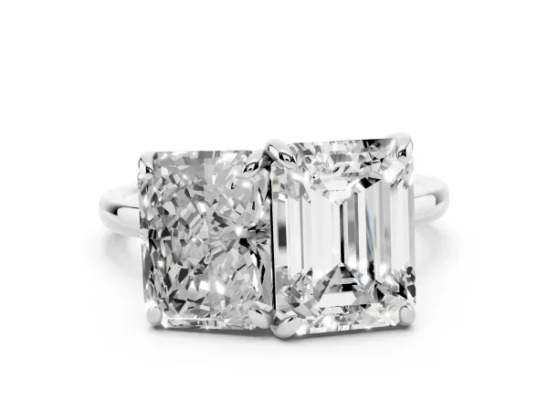 Emerald and Radiant Toi Moi Ring with Prong Setting and Plain Band Platinum