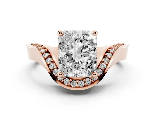 Radiant Cut Solitaire Diamond Engagement Ring with Pave Band and Four-Prong Setting Rose gold