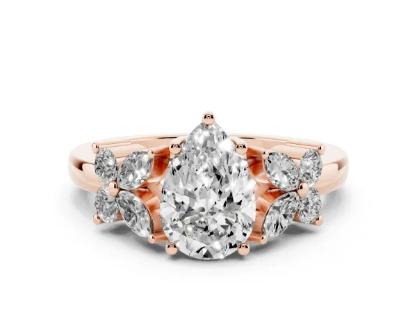 Pear Cut Diamond Floral Cluster Ring with Solitaire Band and Prong Setting Rose gold