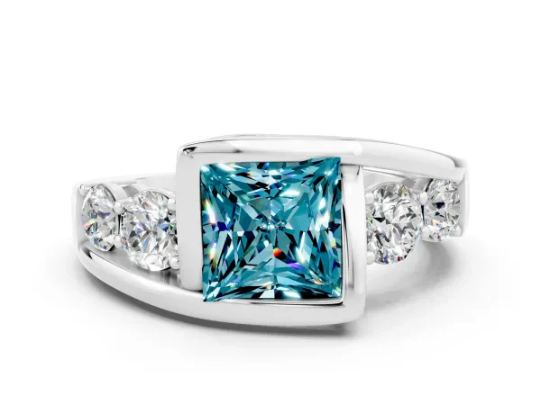 Bezel Set Princess Cut Blue Topaz Bypass Ring with Round Accents Platinum