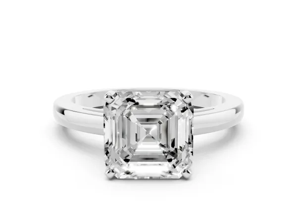 Asscher Cut Solitaire Diamond Engagement Ring with Four-Prong Setting on a Classic Band Platinum