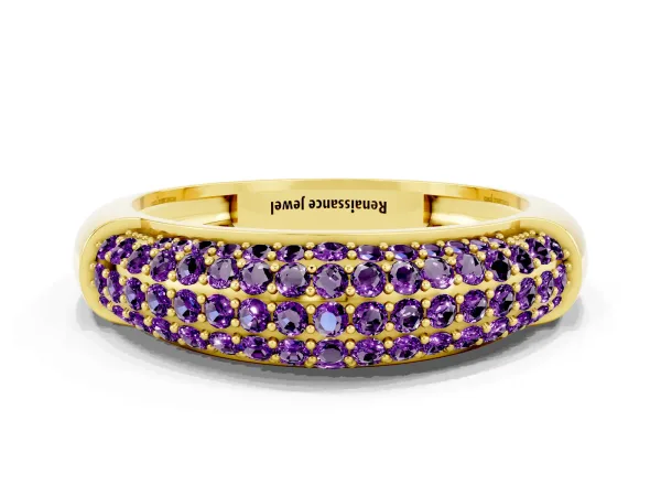 Three-Row Pavé Round Amethyst Dome Band Yellow gold
