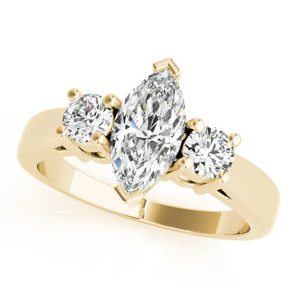 Three-Stone Heart Cut Diamond Solitaire with Round Accents and Prong Setting on a Classic Band Yellow gold