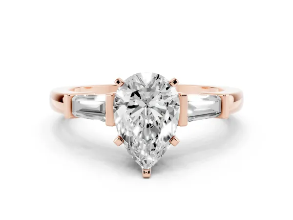 Pear Cut Cut Diamond Solitaire Ring with Tapered Baguette Accents and Four-Prong Setting Rose gold