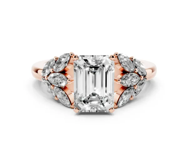 Emerald Cut Diamond Cluster Leaf Design Ring with Prong Setting Rose gold