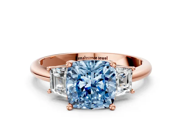 Fancy Blue Cushion Cut Diamond Three-Stone Ring with Trapezoid Side Stones and Prong Setting Rose gold