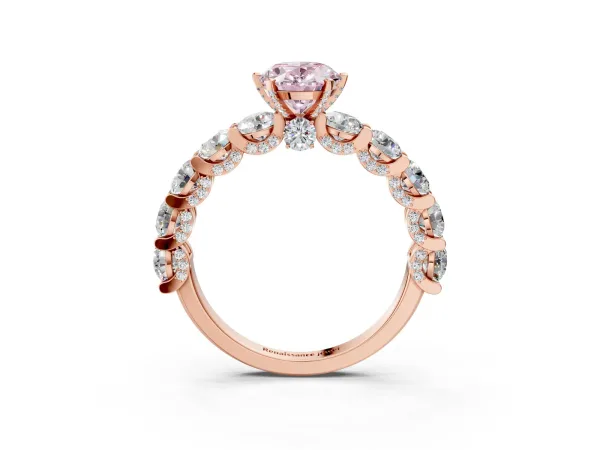 Fancy Pink Oval Cut Diamond Side Stone Engagement Ring with Four-Prong Setting Rose gold