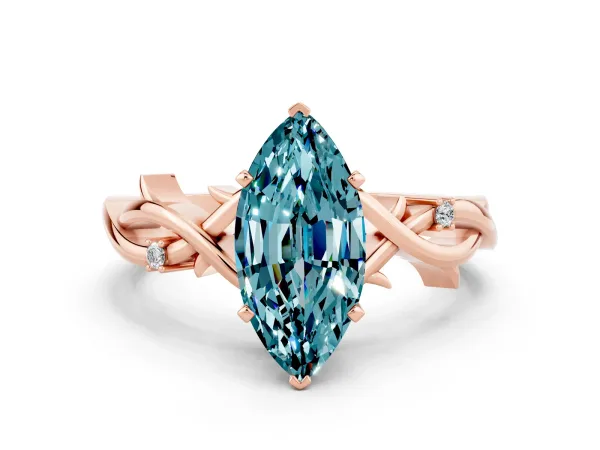 Marquise Cut Blue Topaz Solitaire Ring with Milgrain Pavé Band and Four-Prong Setting Rose gold