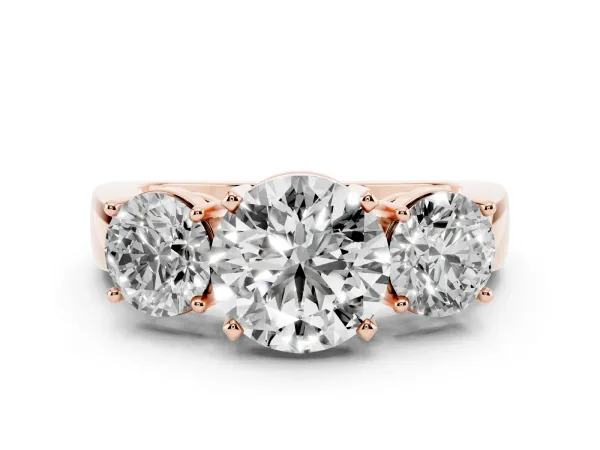Three-Stone Round Cut Diamond Ring with Round Side Stones, Classic Band, and Four-Prong Setting Rose gold