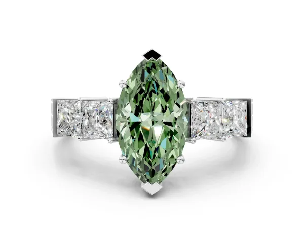Fancy Green Marquise Cut Solitaire Princess Side Stone Engraved Band Prong Setting Ring Platinum