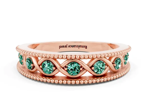 Round Green Sapphire Twist Milgrain Band with Bezel Setting Rose gold