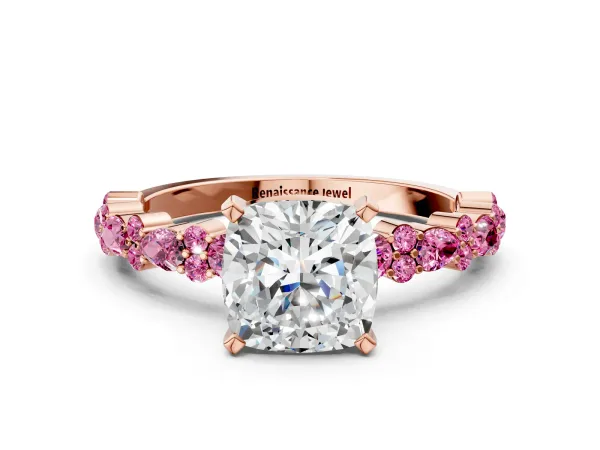 Cushion Cut Diamond Side Stone Solitaire Ring with Round Pink Sapphire and Four-Prong Setting Rose gold