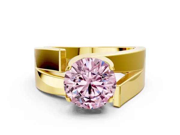 Fancy Pink Modern Tension Set Round Cut Diamond Solitaire Wide Band Ring Yellow gold