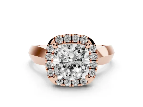 Cushion Cut Cut Halo Solitaire Engagement Ring with Square Band and Four-Prong Setting Rose gold