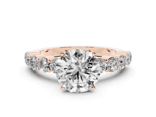 Round Cut Diamond Solitaire Ring with Shared Prong Round Side Stones Rose gold