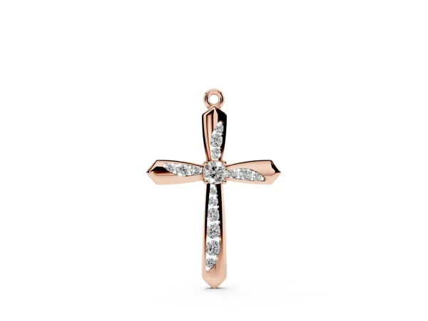 Gold Cross Pendant with Round Cut Stones and Prong Setting Rose gold