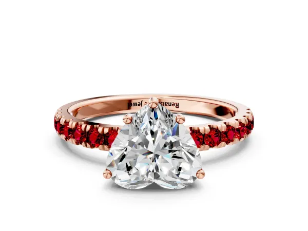Heart Cut Diamond Pave Band Solitaire Ring with Round Ruby and Prong Setting Rose gold