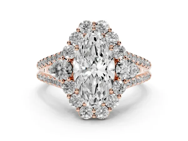 Marquise Cut Halo Split Shank Diamond Engagement Ring with Prong Setting Rose gold