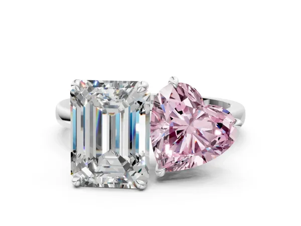 Fancy Pink Heart Cut and Emerald Cut Toi Moi Ring with Prong Setting White gold