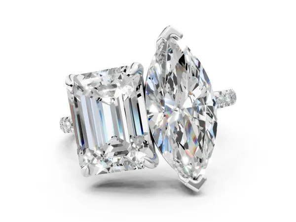 Emerald and Marquise Toi Moi Ring with Prong Setting and Pave Band Platinum