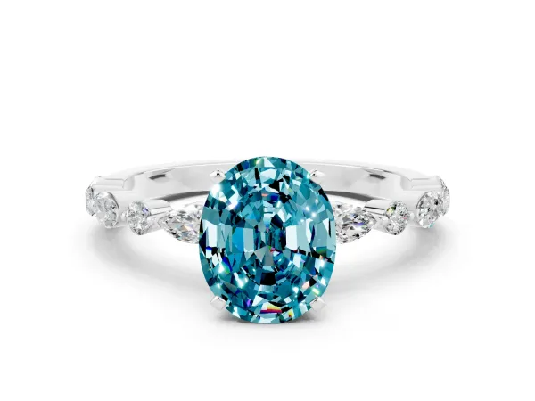 Oval Cut Blue Topaz Ring with Marquise and Round Side Stones and Four-Prong Setting White gold