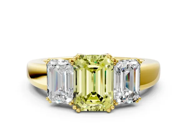 Fancy Yellow Three-Stone Emerald Cut Cut Diamond Ring with Channel Set Band and Four-Prong Setting Yellow gold