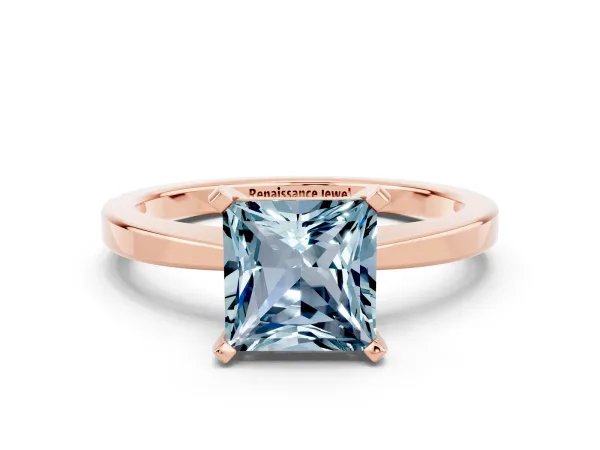 Princess Cut Aquamarine Solitaire Engagement Ring with Classic Band and Four-Prong Setting Rose gold