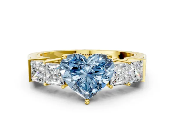 Fancy Blue Heart Cut Solitaire Princess Side Stone Engraved Band Prong Setting Ring Yellow gold