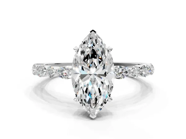 Marquise Cut Diamond Ring with Marquise and Round Side Stones and Four-Prong Setting White gold