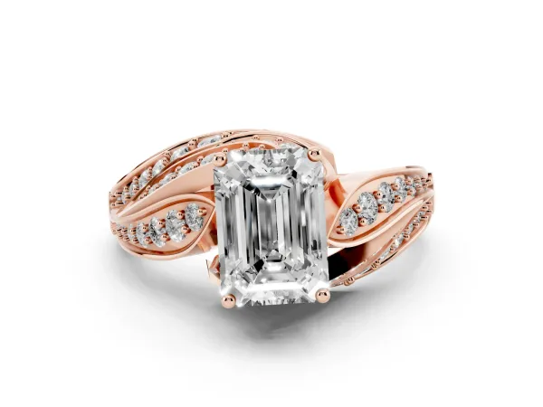 Emerald Cut Diamond Solitaire Ring with Prong Setting and Twisted Pavé Band Rose gold