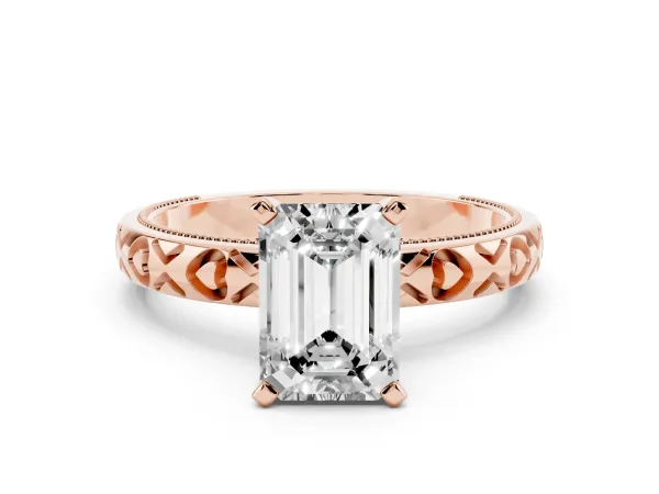 Emerald Cut Solitaire Diamond Engagement Ring with XO Engraved Band and Four-Prong Setting Rose gold