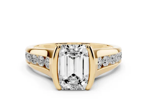Emerald Cut Solitaire Bezel-Set Diamond Ring with Channel-Set Band Yellow gold