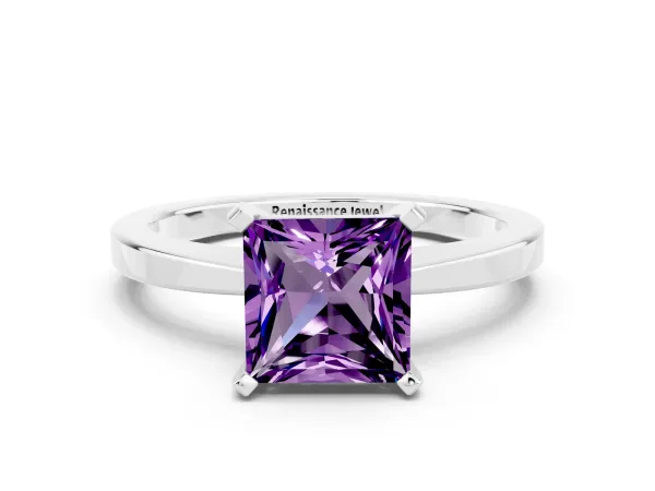 Princess Cut Amethyst Solitaire Engagement Ring with Classic Band and Four-Prong Setting Silver