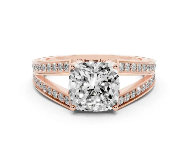 Cushion Cut Diamond Split Shank Ring with Pavé Band and Four-Prong Setting Rose gold