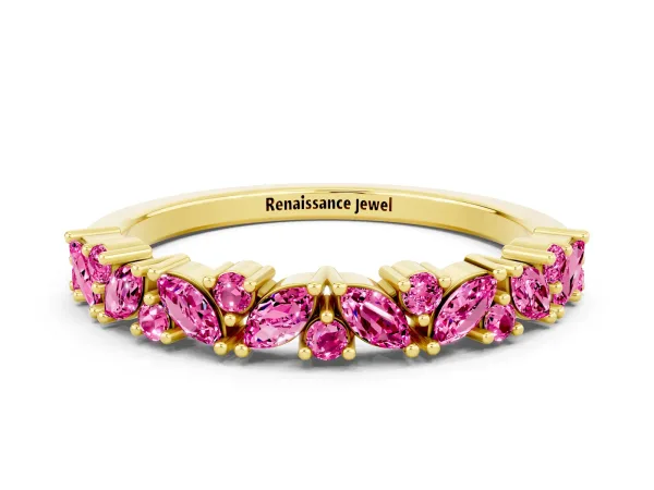 Marquise and Round Pink Sapphire Vine Eternity Band with Prong Setting Yellow gold