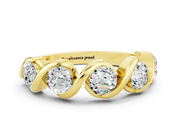 Round Moissanite Wave Band with Channel Setting and Shared Prongs Yellow gold