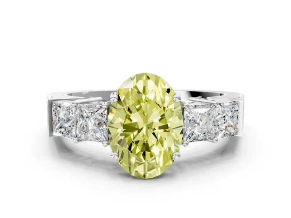 Fancy Yellow Oval Cut Solitaire Princess Side Stone Engraved Band Prong Setting Ring Platinum